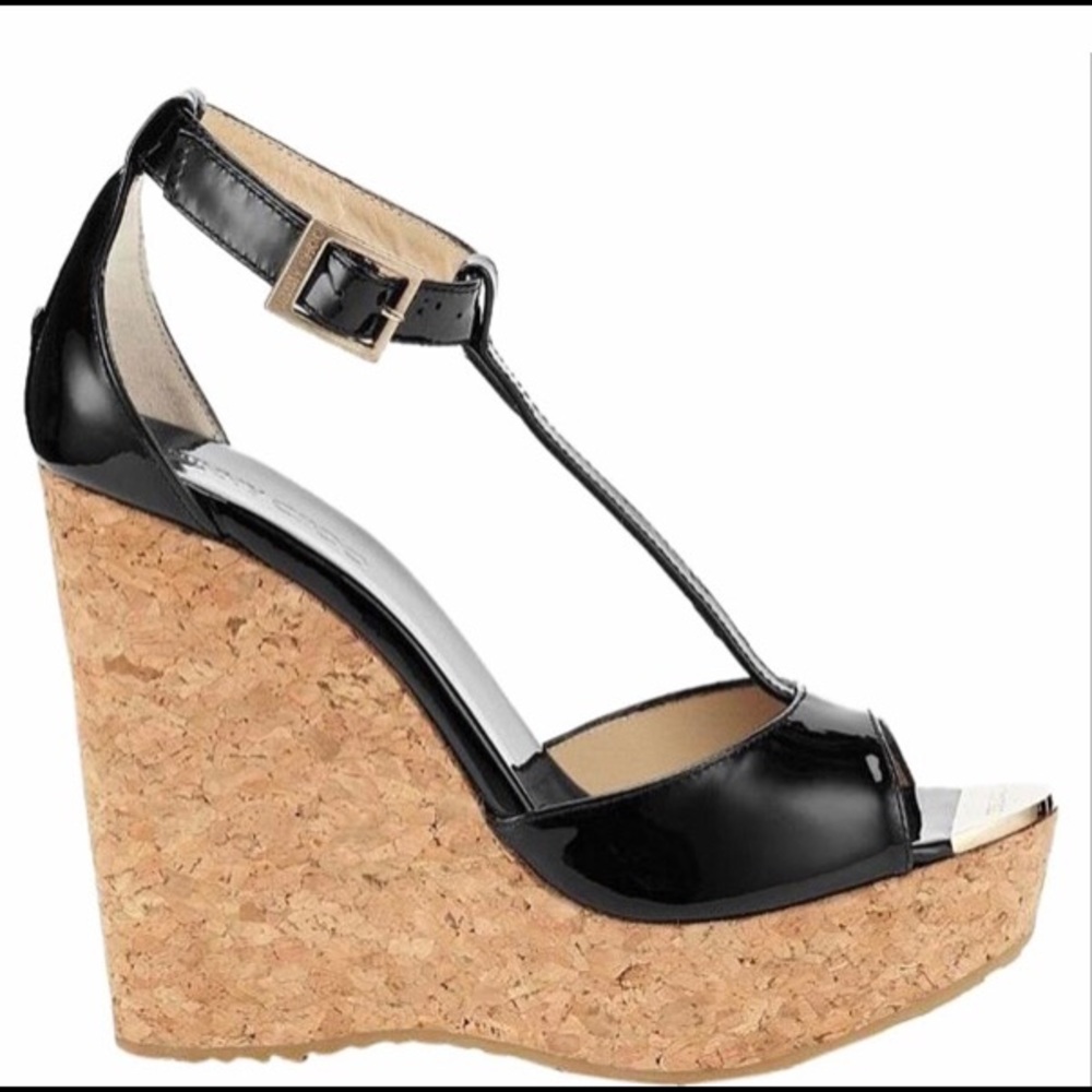 Jimmy Choo Black Pela Cork Sandal Espadrille Wedge